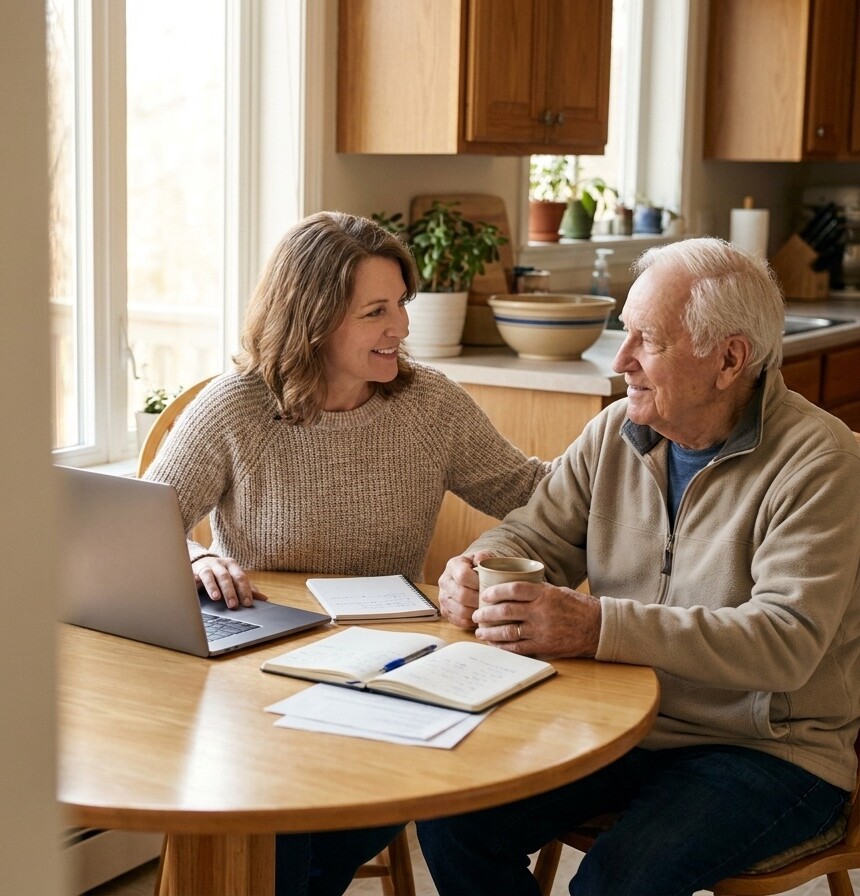 An adult daughter and her father at a kitchen table, working through care paperwork together
